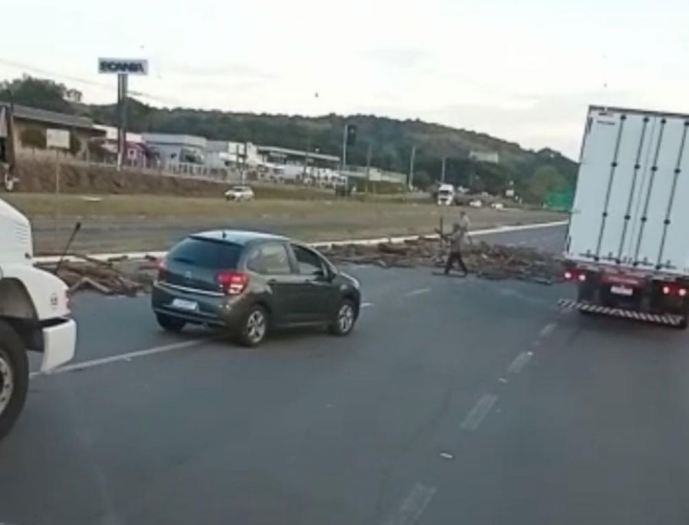 Toras de madeira se desprendem de caminhão e congestionam BR-470 em Garibaldi