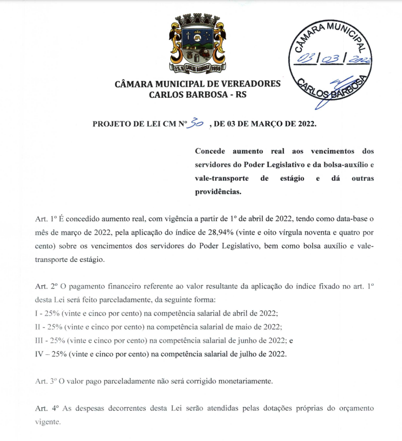 Projeto prevê aumento de 45% para os funcionários da Câmara de Vereadores de Carlos Barbosa