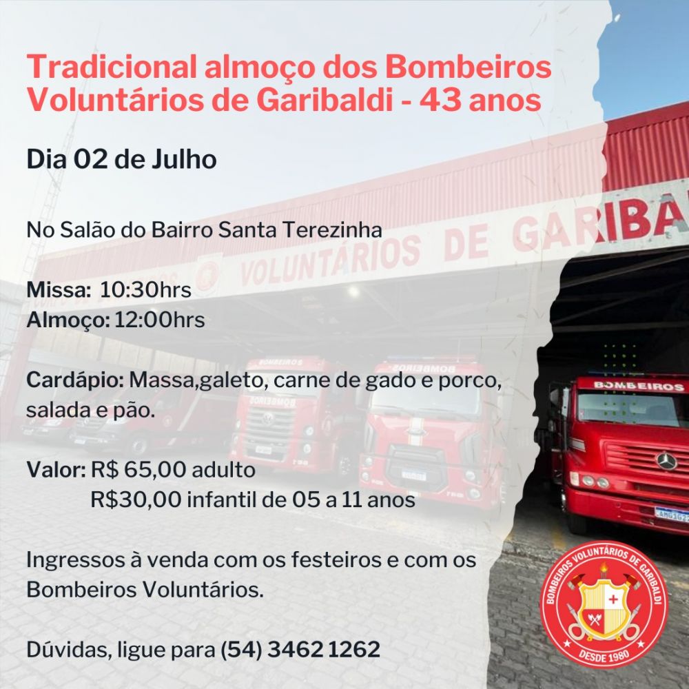 Bombeiros Voluntários promovem almoço beneficente 