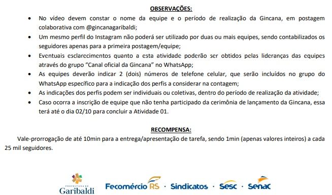 Divulgada a primeira tarefa da Gincana Municipal de Garibaldi 