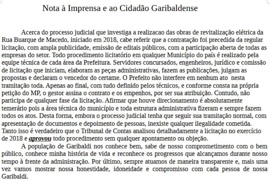 Em nota Cettolin diz que inexiste qualquer ilegalidade cometida