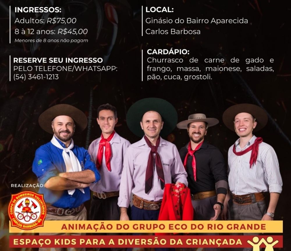 1º Jantar Baile dos Bombeiros Voluntários de Carlos Barbosa é neste sábado