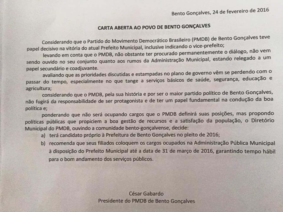 PMDB rompe coligação e deixa governo Pasin (PP) em Bento Gonçalves