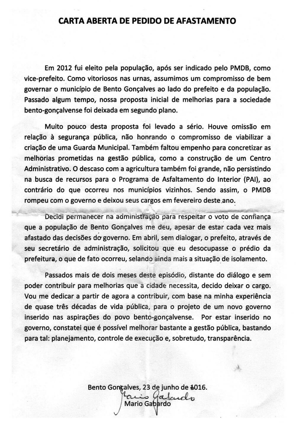 Há poucos meses para o fim do mandato, vice-prefeito de Bento renuncia cargo