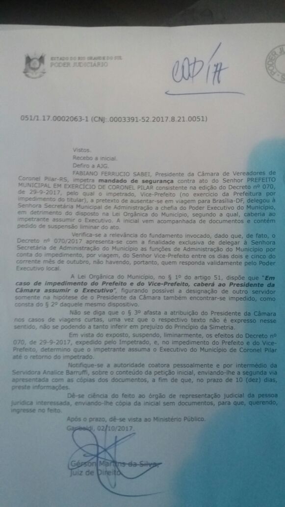 Exclusivo: Juiz determina que presidente da Câmara assuma prefeitura de Coronel Pilar