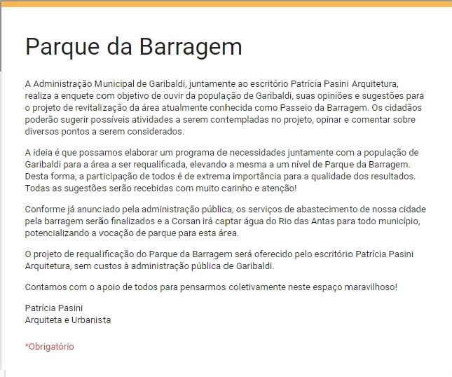 Pesquisa sobre Parque da Barragem é lançada