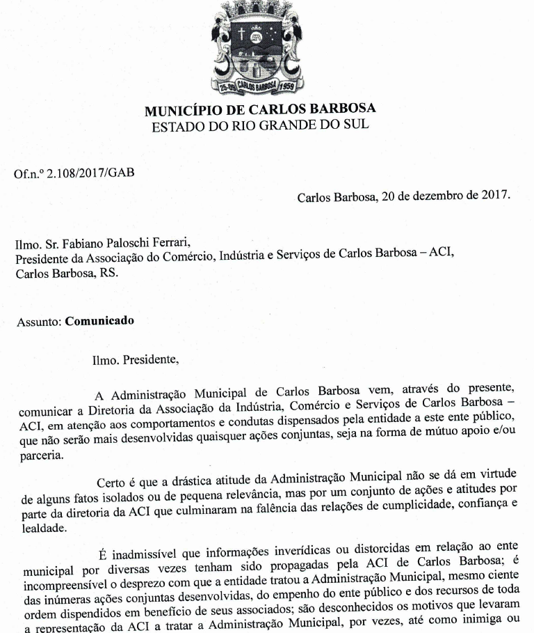 Exclusivo: Prefeito Zibetti corta relações com a ACI de Carlos Barbosa