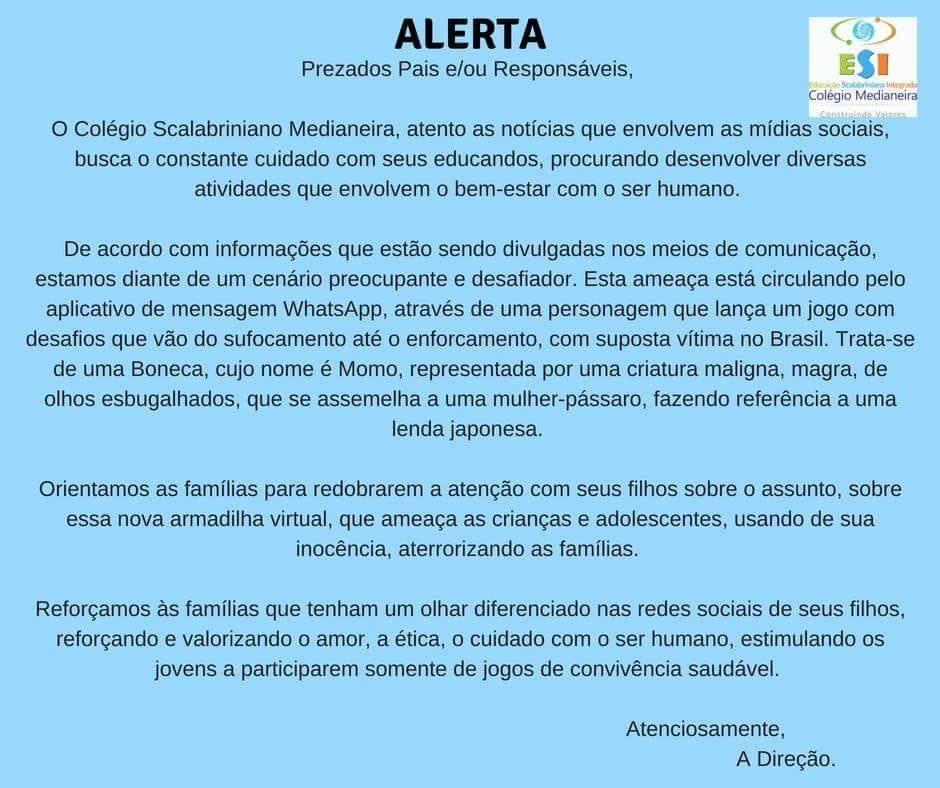 Escola de Bento alerta pais para o jogo de terror “Momo do Whatsapp”
