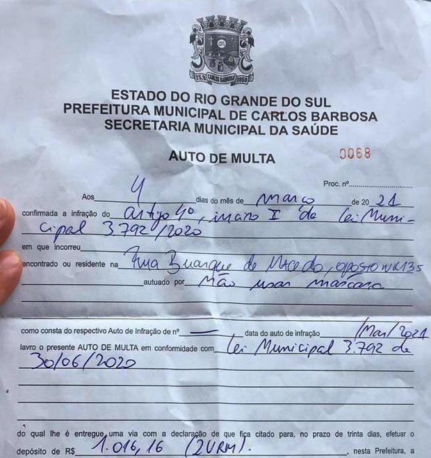 Quem for pego sem máscara em Carlos Barbosa poderá pagar multa R$ 1.016,16