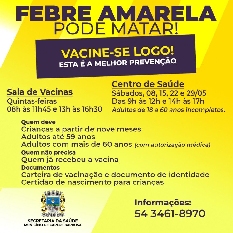 Carlos Barbosa amplia vacinação para a Febre Amarela em maio